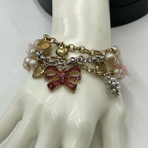 Betsey Johnson Three Strand Faux Pale‎ Pink Pearl Stretch Heart Bow Bracelet New